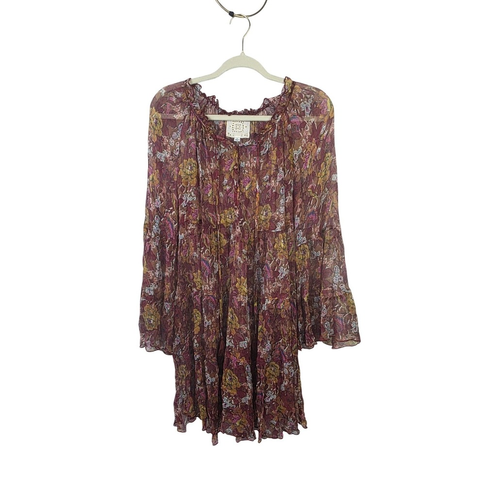 Johnny Was Jade Daisy Mini Dress Floral Chiffon 100% Silk Maroon XS
No liner